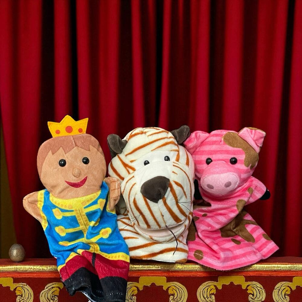Melissa & Doug Hand Puppets Prince Cow Tiger Plush Pretend Play Drama Set Lot 3